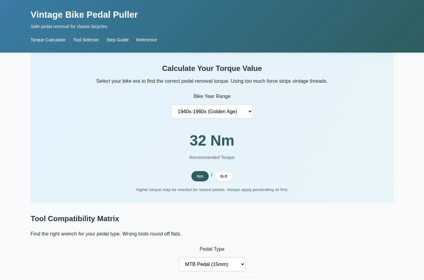 Screenshot of Vintage Bike Pedal Puller Guide interface showing the project page in use